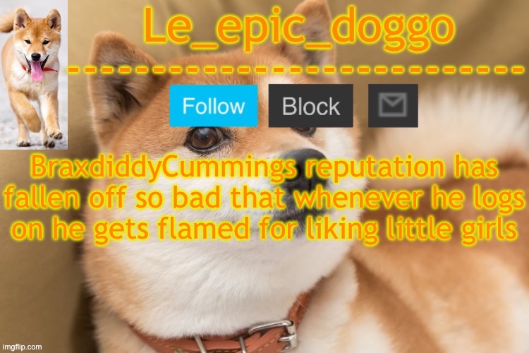 epic doggo's temp back in old fashion | BraxdiddyCummings reputation has fallen off so bad that whenever he logs on he gets flamed for liking little girls | image tagged in epic doggo's temp back in old fashion | made w/ Imgflip meme maker