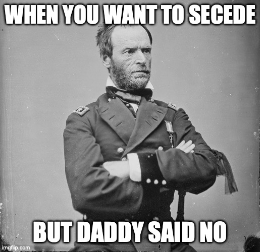 Sherman civil war | WHEN YOU WANT TO SECEDE; BUT DADDY SAID NO | image tagged in sherman civil war | made w/ Imgflip meme maker