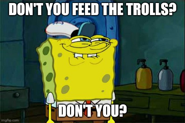 Don't You Squidward | DON'T YOU FEED THE TROLLS? DON'T YOU? | image tagged in memes,don't you squidward | made w/ Imgflip meme maker