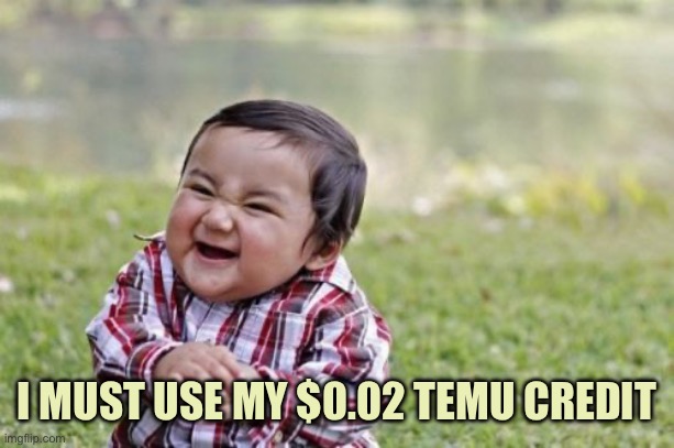 Evil Toddler Meme | I MUST USE MY $0.02 TEMU CREDIT | image tagged in memes,evil toddler | made w/ Imgflip meme maker