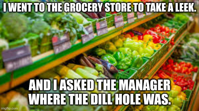 I WENT TO THE GROCERY STORE TO TAKE A LEEK. AND I ASKED THE MANAGER WHERE THE DILL HOLE WAS. | image tagged in grocery store | made w/ Imgflip meme maker