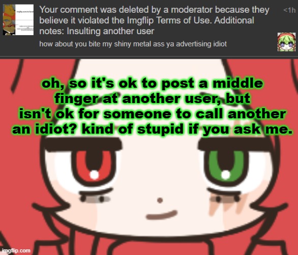 man these mods are absolute clowns ☠️ | oh, so it's ok to post a middle finger at another user, but isn't ok for someone to call another an idiot? kind of stupid if you ask me. | made w/ Imgflip meme maker
