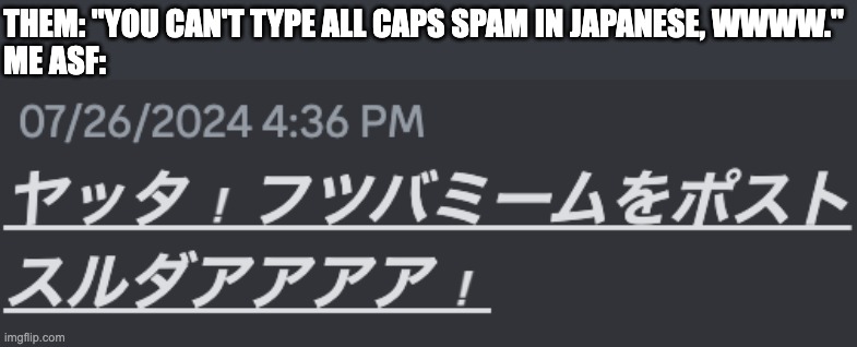 THEM: "YOU CAN'T TYPE ALL CAPS SPAM IN JAPANESE, WWWW."
ME ASF: | image tagged in japanese,meme,english,all caps spam,discord,funny | made w/ Imgflip meme maker