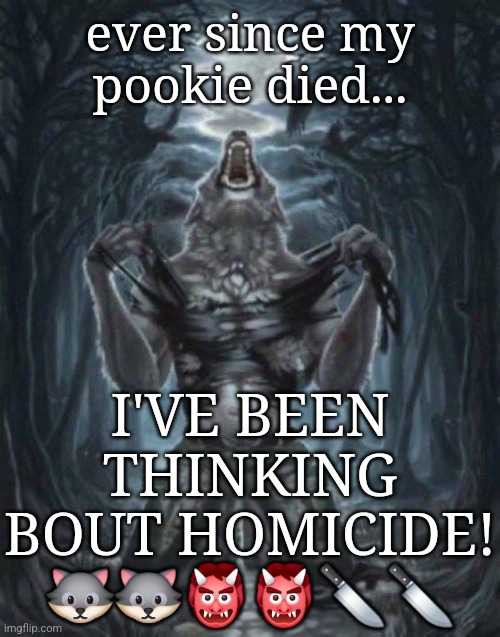 RRRRRAAAAAAGGGGHHH! | ever since my pookie died... I'VE BEEN THINKING BOUT HOMICIDE! 🐺🐺👹👹🔪🔪 | image tagged in alpha wolf | made w/ Imgflip meme maker