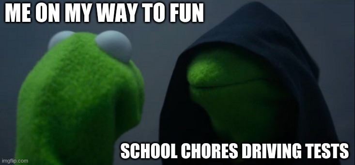 NOOOOOOOOOOOOOOOOO | ME ON MY WAY TO FUN; SCHOOL CHORES DRIVING TESTS | image tagged in memes,evil kermit,school sucks,chores suck | made w/ Imgflip meme maker