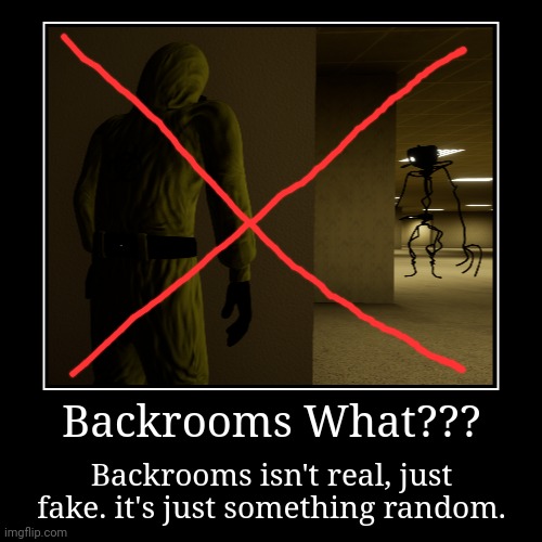 Backrooms????? | Backrooms What??? | Backrooms isn't real, just fake. it's just something random. | image tagged in funny,demotivationals | made w/ Imgflip demotivational maker