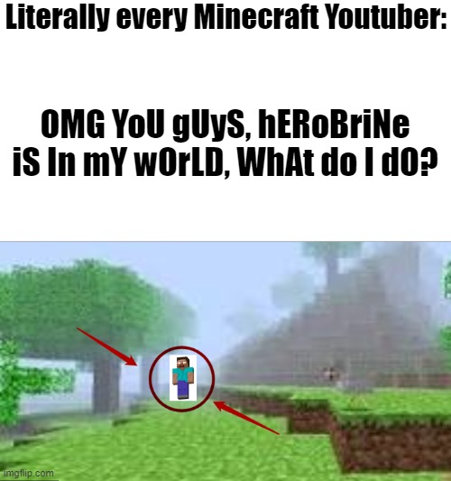 Literally Every Minecraft Youtuber | Literally every Minecraft Youtuber:; OMG YoU gUyS, hERoBriNe iS In mY wOrLD, WhAt do I dO? | image tagged in cringe herobrine thumbnail,minecraft,memes,cringe,herobrine,youtube | made w/ Imgflip meme maker