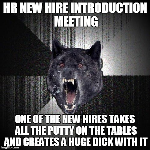 Insanity Wolf Meme | HR NEW HIRE INTRODUCTION MEETING ONE OF THE NEW HIRES TAKES ALL THE PUTTY ON THE TABLES AND CREATES A HUGE DICK WITH IT | image tagged in memes,insanity wolf,AdviceAnimals | made w/ Imgflip meme maker