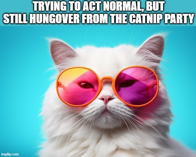 catnip party | TRYING TO ACT NORMAL, BUT STILL HUNGOVER FROM THE CATNIP PARTY | image tagged in memes | made w/ Imgflip meme maker