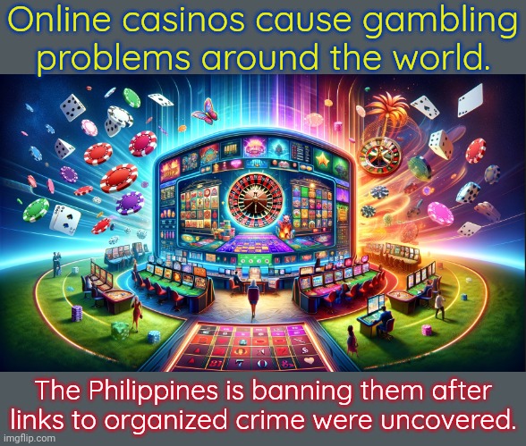 Other countries try to regulate them, with varying success. | Online casinos cause gambling problems around the world. The Philippines is banning them after links to organized crime were uncovered. | image tagged in addiction,mafia | made w/ Imgflip meme maker