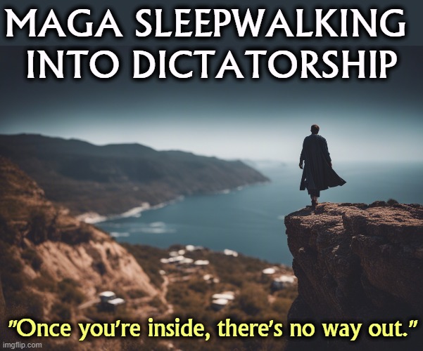 You were warned right here a year ago. Remember? | MAGA SLEEPWALKING 
INTO DICTATORSHIP; "Once you're inside, there's no way out." | image tagged in maga,right wing,republicans,fascist,dictator,sleep | made w/ Imgflip meme maker