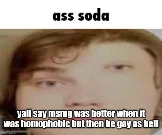 ass soda | yall say msmg was better when it was homophobic but then be gay as hell | image tagged in ass soda | made w/ Imgflip meme maker