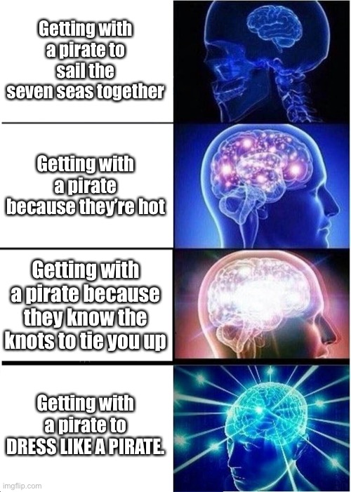 PIRATE | Getting with a pirate to sail the seven seas together; Getting with a pirate because they’re hot; Getting with a pirate because they know the knots to tie you up; Getting with a pirate to DRESS LIKE A PIRATE. | image tagged in memes,expanding brain | made w/ Imgflip meme maker