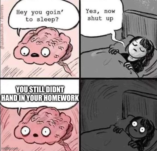 procrastination | YOU STILL DIDNT HAND IN YOUR HOMEWORK | image tagged in waking up brain,homework | made w/ Imgflip meme maker