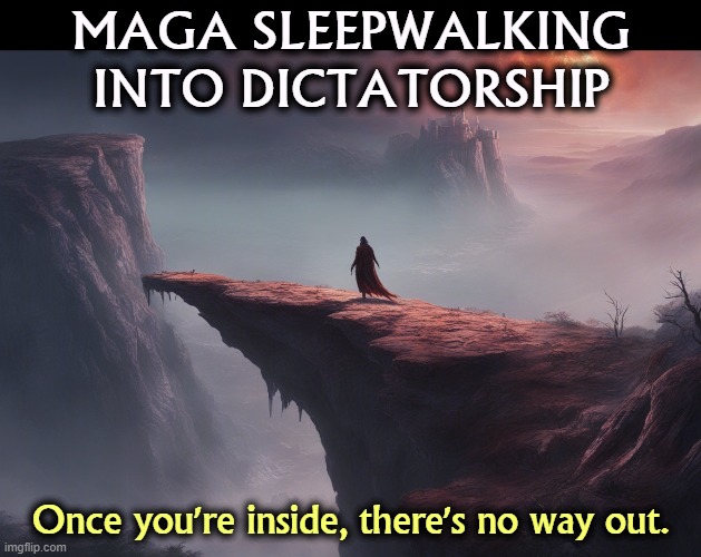 MAGA SLEEPWALKING
INTO DICTATORSHIP; Once you're inside, there's no way out. | image tagged in maga,right wing,republican,sleep,fascist,dictator | made w/ Imgflip meme maker