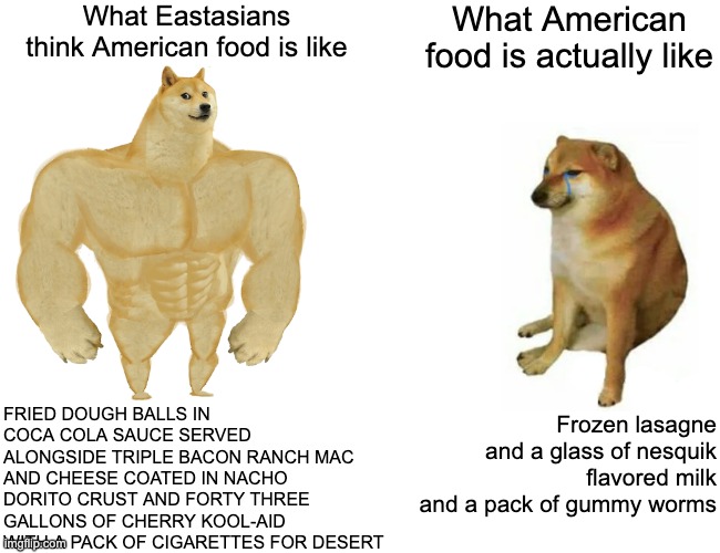 As an american, Triple bacon ranch coated in dorito dust sounds kinda good, ngl | What Eastasians think American food is like; What American food is actually like; FRIED DOUGH BALLS IN COCA COLA SAUCE SERVED ALONGSIDE TRIPLE BACON RANCH MAC AND CHEESE COATED IN NACHO DORITO CRUST AND FORTY THREE GALLONS OF CHERRY KOOL-AID WITH A PACK OF CIGARETTES FOR DESERT; Frozen lasagne and a glass of nesquik flavored milk and a pack of gummy worms | image tagged in memes,buff doge vs cheems,american,eastasian,funny,culture | made w/ Imgflip meme maker