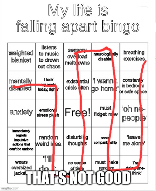 my life is falling apart bingo | THAT'S NOT GOOD | image tagged in my life is falling apart bingo | made w/ Imgflip meme maker