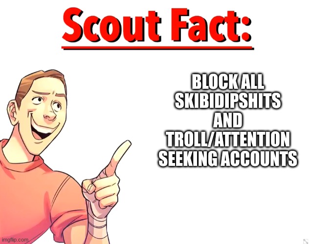 Scout Fact | BLOCK ALL SKIBIDIPSHITS AND TROLL/ATTENTION SEEKING ACCOUNTS | image tagged in scout fact | made w/ Imgflip meme maker