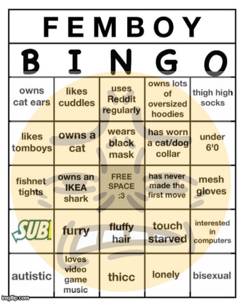 p.u. onion boy | image tagged in femboy bingo | made w/ Imgflip meme maker