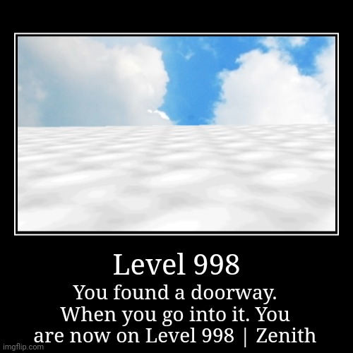 Level 998 | Level 998 | You found a doorway. When you go into it. You are now on Level 998 | Zenith | image tagged in funny,demotivationals | made w/ Imgflip demotivational maker