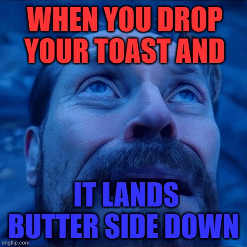 That feeling! | WHEN YOU DROP YOUR TOAST AND; IT LANDS BUTTER SIDE DOWN | image tagged in memes | made w/ Imgflip meme maker