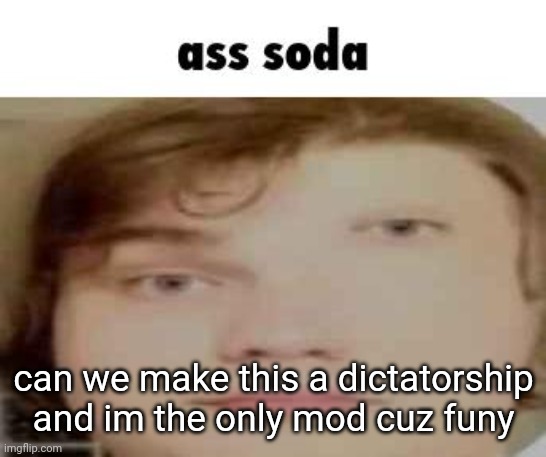 ass soda | can we make this a dictatorship and im the only mod cuz funy | image tagged in ass soda | made w/ Imgflip meme maker