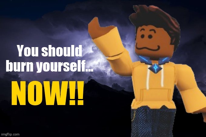 You should burn yourself...  NOW!!! | image tagged in you should burn yourself now | made w/ Imgflip meme maker