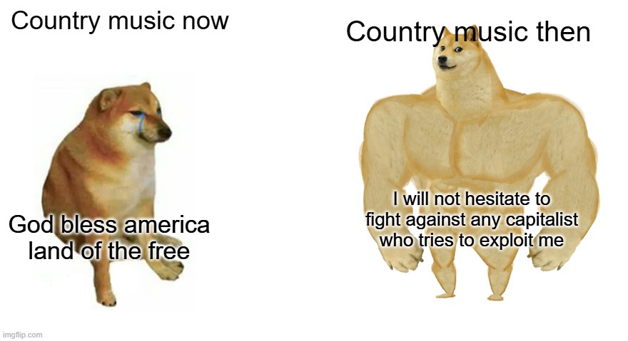 Swole Doge vs. Cheems flipped | Country music then; Country music now; I will not hesitate to fight against any capitalist who tries to exploit me; God bless america land of the free | image tagged in swole doge vs cheems flipped | made w/ Imgflip meme maker