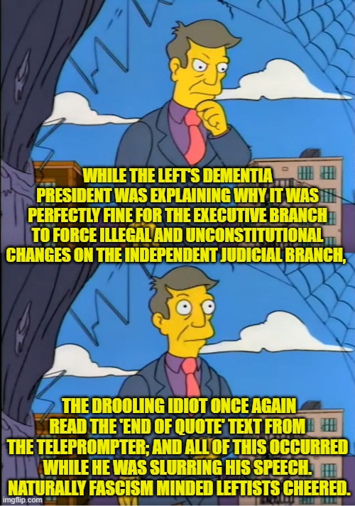 Same old, same old for fascism-minded leftists. | WHILE THE LEFT'S DEMENTIA PRESIDENT WAS EXPLAINING WHY IT WAS PERFECTLY FINE FOR THE EXECUTIVE BRANCH TO FORCE ILLEGAL AND UNCONSTITUTIONAL CHANGES ON THE INDEPENDENT JUDICIAL BRANCH, THE DROOLING IDIOT ONCE AGAIN READ THE 'END OF QUOTE' TEXT FROM THE TELEPROMPTER; AND ALL OF THIS OCCURRED WHILE HE WAS SLURRING HIS SPEECH.  NATURALLY FASCISM MINDED LEFTISTS CHEERED. | image tagged in skinner out of touch | made w/ Imgflip meme maker