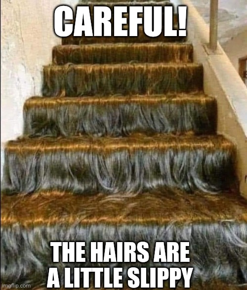 Watch your step | CAREFUL! THE HAIRS ARE A LITTLE SLIPPY | image tagged in stairs,1970s,hair,death stairs | made w/ Imgflip meme maker