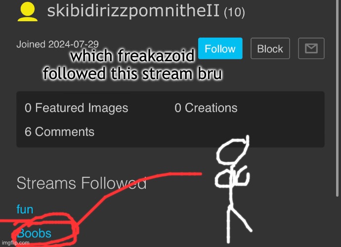 which freakazoid followed this stream bru | made w/ Imgflip meme maker