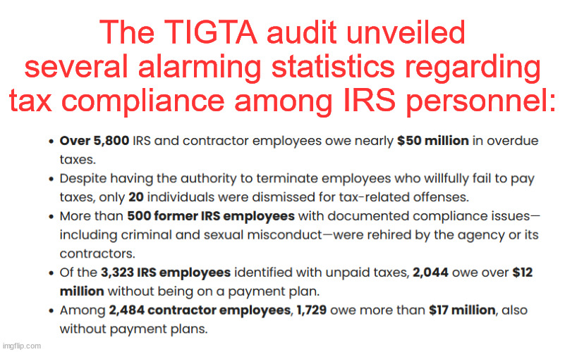 IRS gate 2.0, will anyone be held accountable this time? | The TIGTA audit unveiled several alarming statistics regarding tax compliance among IRS personnel: | image tagged in corrupt,biden,irs,owe a lot of money in taxes | made w/ Imgflip meme maker