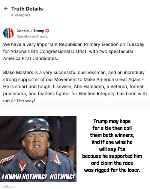Trumptard | Trump may hope for a tie then call them both winners, And if one wins he will say I'ts because he supported him and claim the race was rigged for the loser. | image tagged in maga moron,abby normal brain,election rigging,poor winner and loser,tds trump dementia syndrome,neo-old-nazi | made w/ Imgflip meme maker