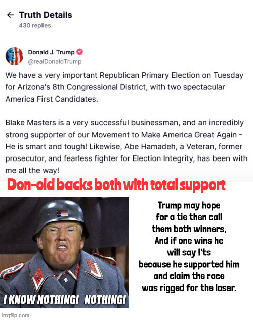 Two timing Trump | Don-old backs both with total support | image tagged in maga moron,election rigging,trumptards,poor loser and winner,tds trump dementia syndrome,abby normal brain | made w/ Imgflip meme maker