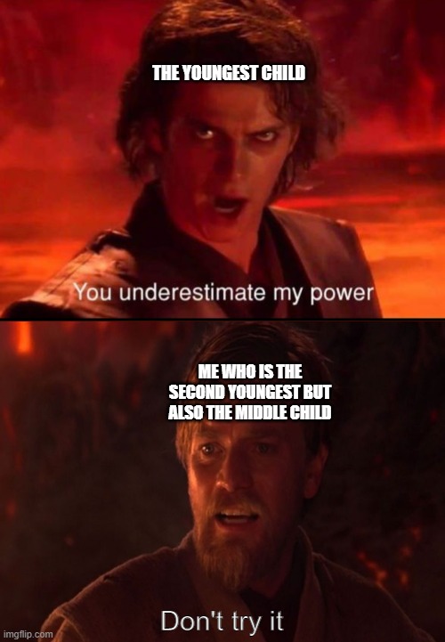 I get treated like the middle child all the time and hate it | THE YOUNGEST CHILD; ME WHO IS THE SECOND YOUNGEST BUT ALSO THE MIDDLE CHILD | image tagged in obi wan vs anakin | made w/ Imgflip meme maker