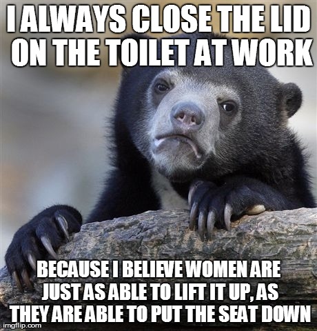 Confession Bear | I ALWAYS CLOSE THE LID ON THE TOILET AT WORK BECAUSE I BELIEVE WOMEN ARE JUST AS ABLE TO LIFT IT UP, AS THEY ARE ABLE TO PUT THE SEAT DOWN | image tagged in memes,confession bear,AdviceAnimals | made w/ Imgflip meme maker