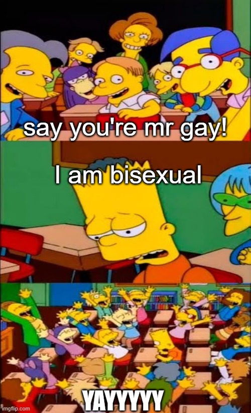 say the line bart! simpsons | say you're mr gay! I am bisexual; YAYYYYY | image tagged in say the line bart simpsons | made w/ Imgflip meme maker