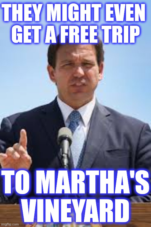 Gov. Ron DeSantis | THEY MIGHT EVEN 
GET A FREE TRIP TO MARTHA'S VINEYARD | image tagged in gov ron desantis | made w/ Imgflip meme maker