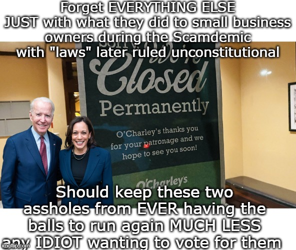 "Handled" the Plandemic by bankrupting Mom & Pop | Forget EVERYTHING ELSE
JUST with what they did to small business owners during the Scamdemic with "laws" later ruled unconstitutional; Should keep these two assholes from EVER having the balls to run again MUCH LESS any IDIOT wanting to vote for them | image tagged in biden harris should be ashamed meme,americans have short memories meme | made w/ Imgflip meme maker