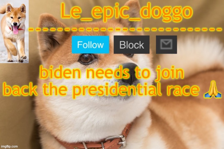 epic doggo's temp back in old fashion | biden needs to join back the presidential race 🙏 | image tagged in epic doggo's temp back in old fashion | made w/ Imgflip meme maker