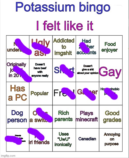 Potassium bingo v3 | image tagged in potassium bingo v3 | made w/ Imgflip meme maker