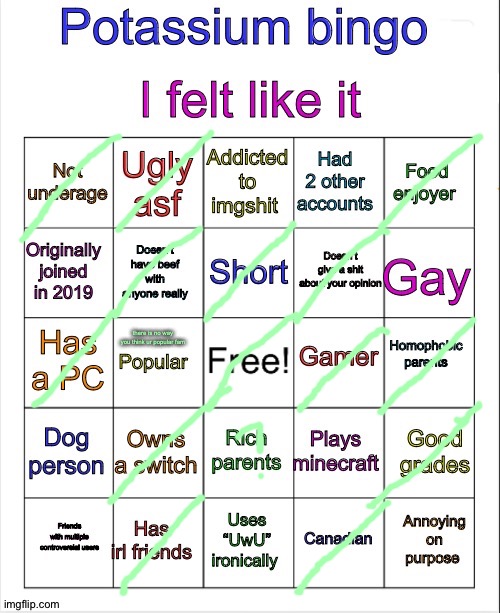 Potassium bingo v3 | there is no way you think ur popular fam | image tagged in potassium bingo v3 | made w/ Imgflip meme maker