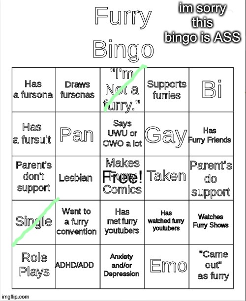 Furry Bingo | im sorry this bingo is ASS | image tagged in furry bingo | made w/ Imgflip meme maker