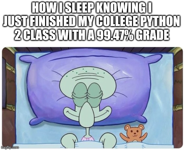 How I go to Sleep Knowing | HOW I SLEEP KNOWING I JUST FINISHED MY COLLEGE PYTHON 2 CLASS WITH A 99.47% GRADE | image tagged in how i go to sleep knowing | made w/ Imgflip meme maker