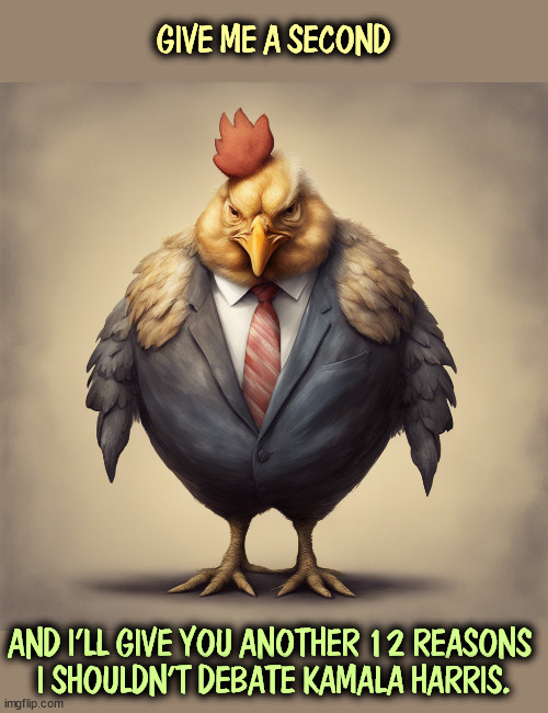 DonOld "Chicken Feathers" Trump | GIVE ME A SECOND; AND I'LL GIVE YOU ANOTHER 12 REASONS 

I SHOULDN'T DEBATE KAMALA HARRIS. | image tagged in trump,old,chicken,afraid,debate,kamala harris | made w/ Imgflip meme maker