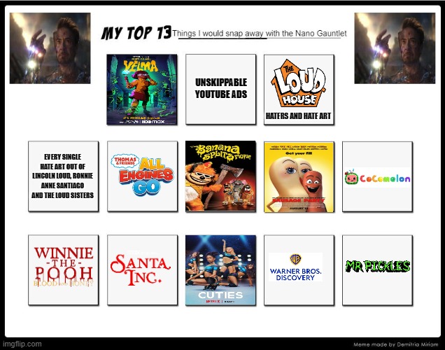 Top 13 things I would snap away with the Nano Gauntlet | UNSKIPPABLE YOUTUBE ADS; HATERS AND HATE ART; EVERY SINGLE HATE ART OUT OF LINCOLN LOUD, RONNIE ANNE SANTIAGO AND THE LOUD SISTERS | image tagged in top 13 | made w/ Imgflip meme maker