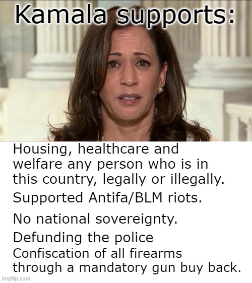 Kamala is the absolute worst authoritarian that the Dems have pushed to the White House.  She is awful. | Kamala supports:; Housing, healthcare and welfare any person who is in this country, legally or illegally. Supported Antifa/BLM riots. No national sovereignty. Defunding the police; Confiscation of all firearms through a mandatory gun buy back. | image tagged in kamala harris is evil,she must no be allowed to win | made w/ Imgflip meme maker