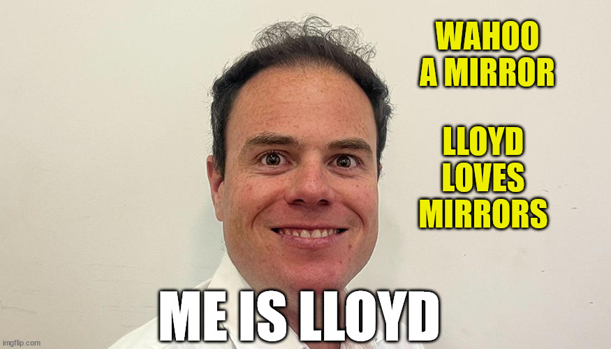 Lloyd Burr | WAHOO A MIRROR; LLOYD LOVES MIRRORS; ME IS LLOYD | image tagged in self esteem,arrogant,mirror mirror,media,creepy guy,new zealand | made w/ Imgflip meme maker