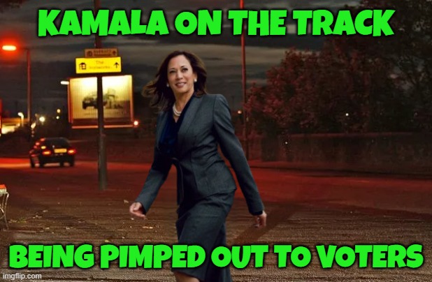 Hit that track girl | KAMALA ON THE TRACK; BEING PIMPED OUT TO VOTERS | image tagged in kamala harris,vice president,maga,make america great again,prostitute,prostitution | made w/ Imgflip meme maker