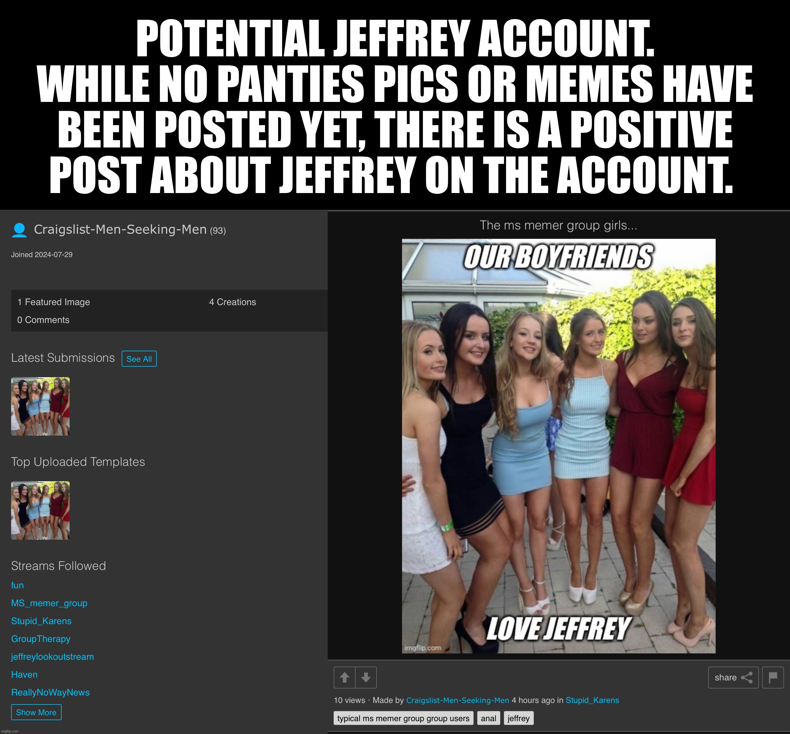 Potential Jeffrey account | POTENTIAL JEFFREY ACCOUNT. WHILE NO PANTIES PICS OR MEMES HAVE BEEN POSTED YET, THERE IS A POSITIVE POST ABOUT JEFFREY ON THE ACCOUNT. | image tagged in jeffrey | made w/ Imgflip meme maker